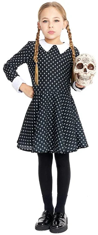 Disfraz de Miércoles con Lunares Calaveras para Niña Miércoles Addams Partilandia